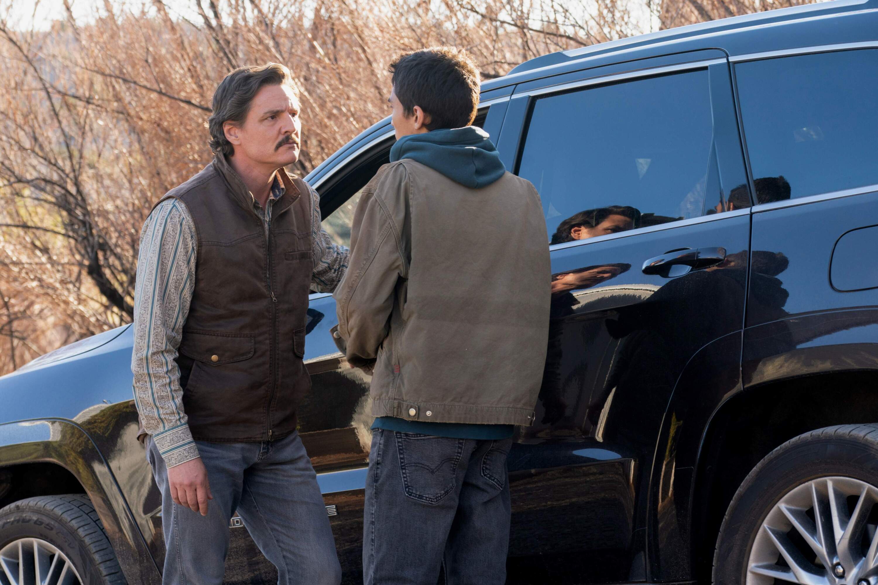 From left, Pedro Pascal and Matt Gomez Hidaka in writer-director Ari Aster's "Eddington." (Courtesy Richard Foreman/A24)