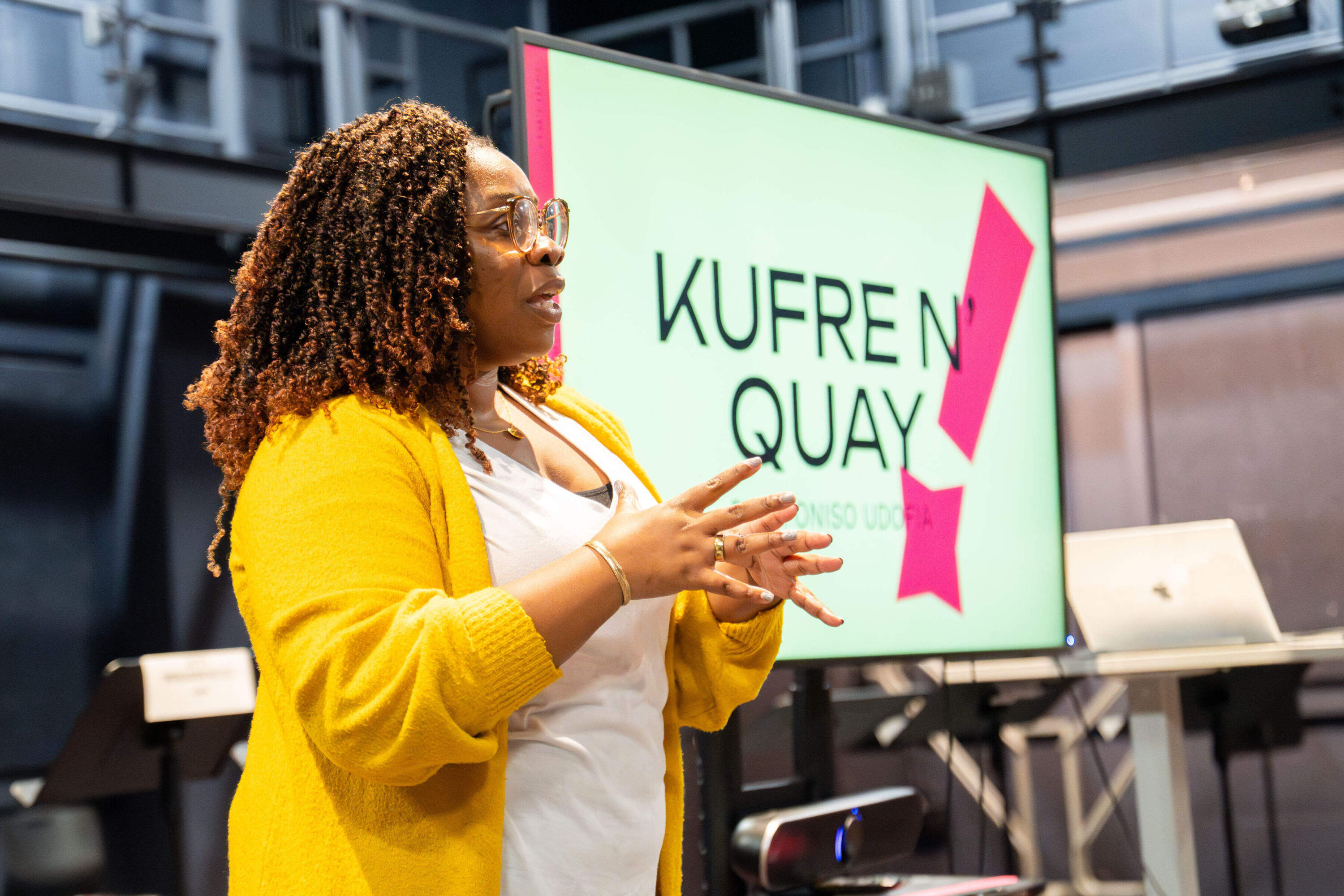 Mfoniso Udofia ’06 shown talking about her play Kufre N' Quay.