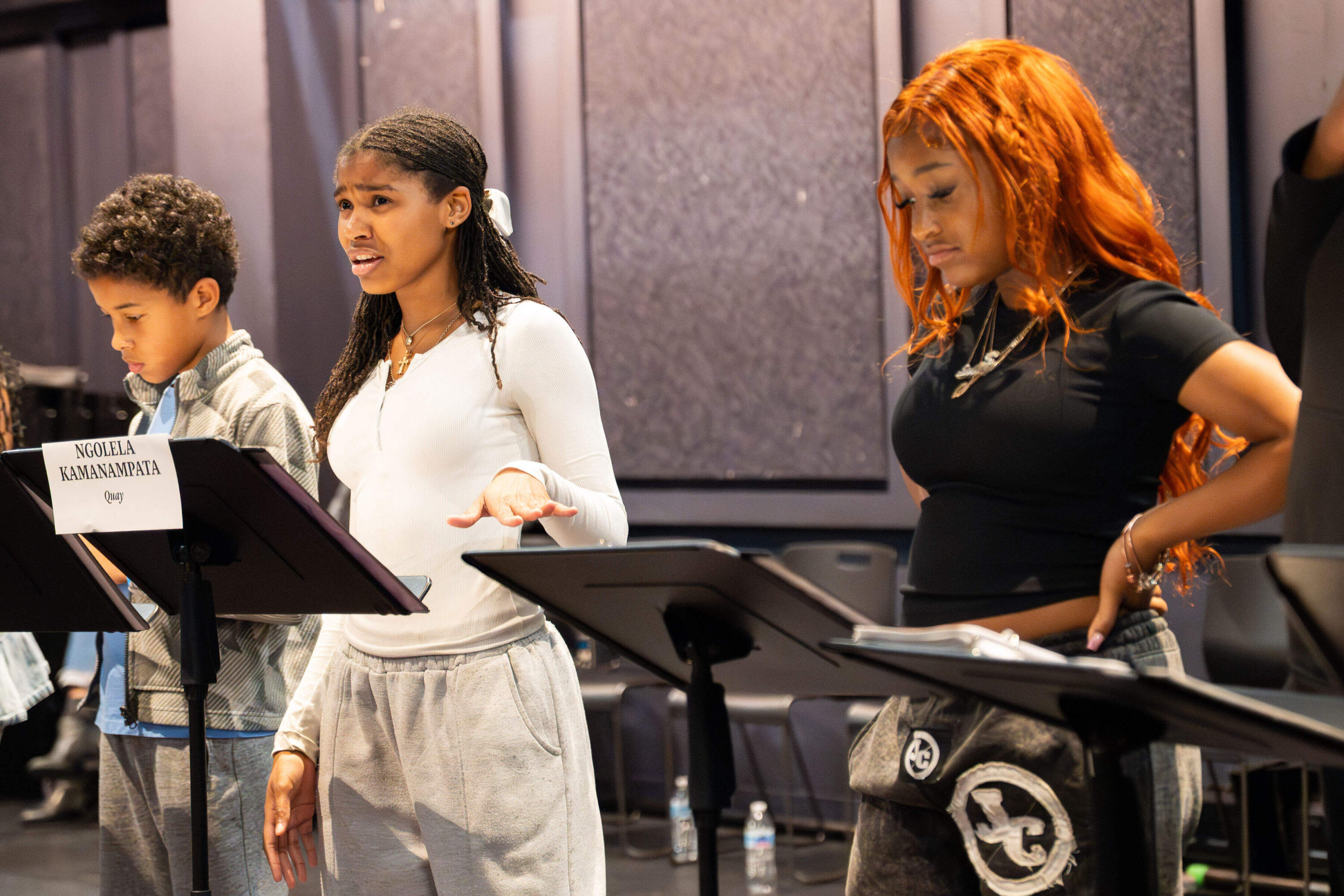 Actors Levi Mngomezulu, Ngolela Kamanampata and Selah Thande in rehearsal. (Courtesy Annielly Camargo)