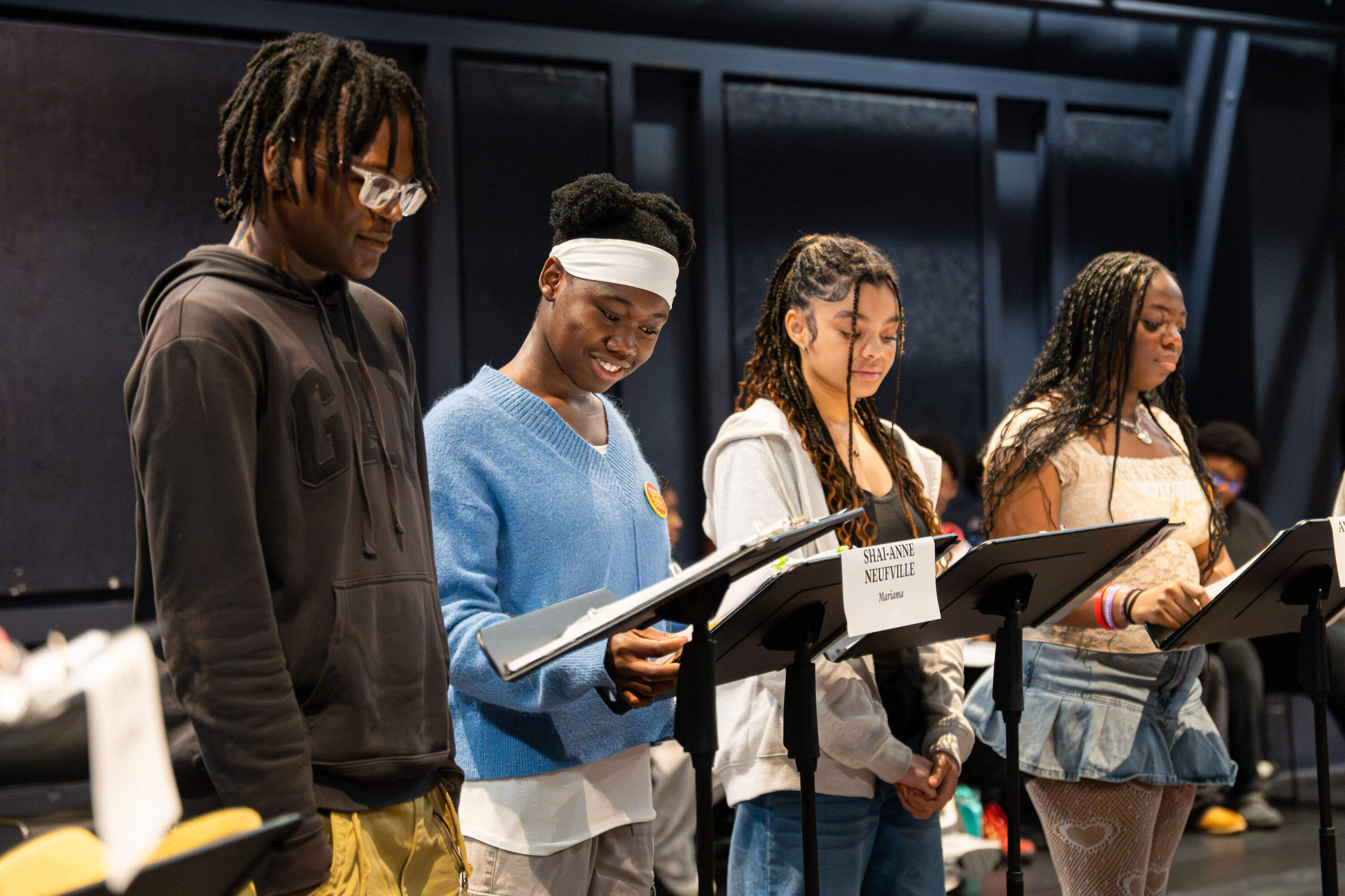 Ja'Mon Johnson, Shai-Ann Neufville, Londyn Lacy and Ayannah Joseph in rehearsal for the latest installment of the Ufot Family Cycle. (Courtesy Annielly Camargo)