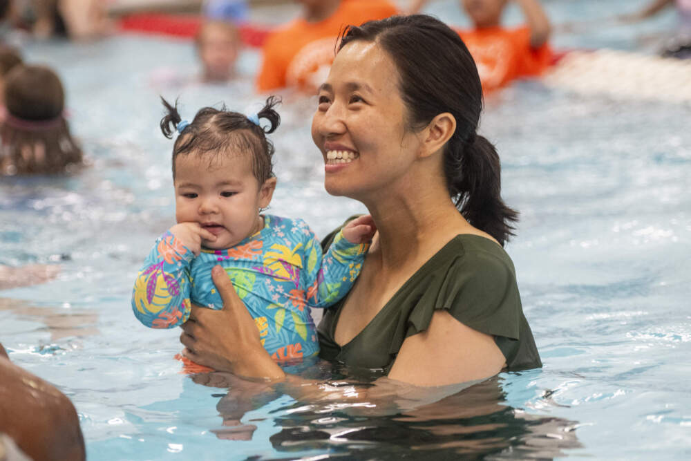 Mayor Michelle Wu at the official opening of the Condon Pool in South Boston on Tuesday. (Courtesy Jeremiah Robinson/Mayor’s Office)
