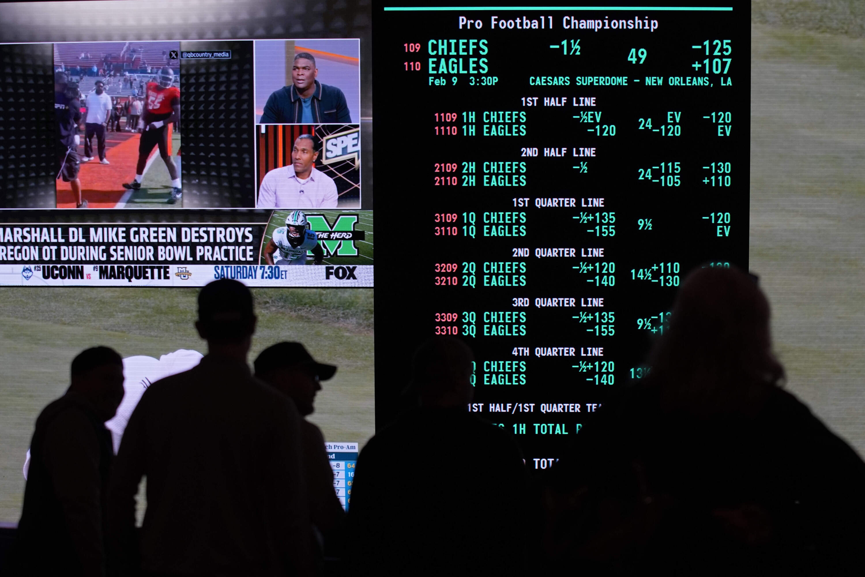 Betting odds for Super Bowl LIX are displayed on monitors at the Circa resort and casino sports book Thursday, Jan. 30, 2025, in Las Vegas. (John Locher/AP)