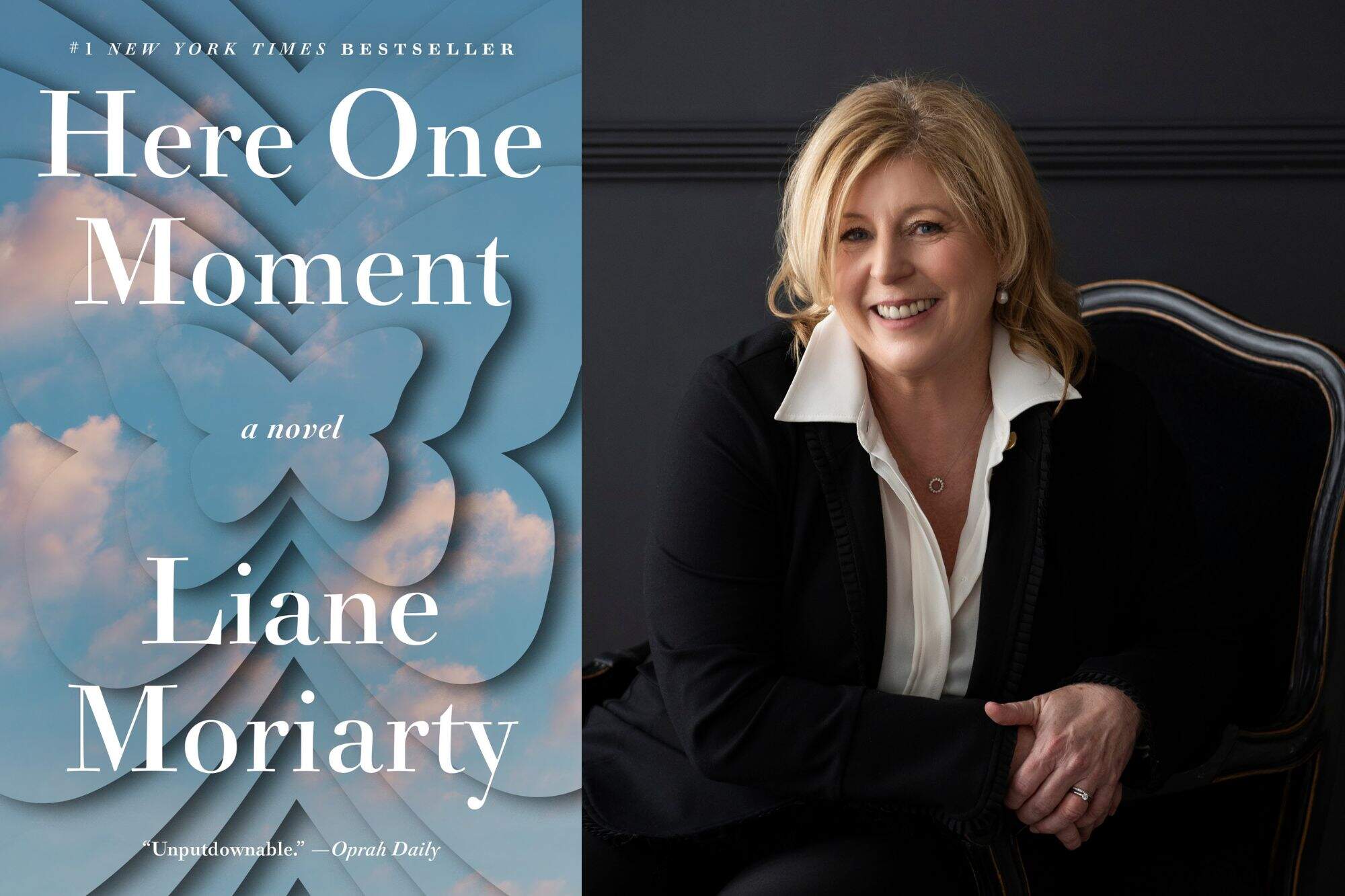 The cover of "Here One Moment" and author Liane Moriarty. (Courtesy of Crown and Über Photography)