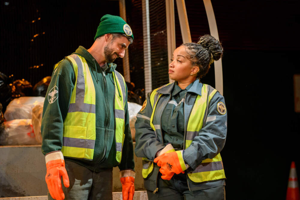 From left, Paul Melendy and Thomika Marie Bridwell in Gloucester Stage Company's production of "The Garbologists." (Courtesy Shawn G. Henry)
