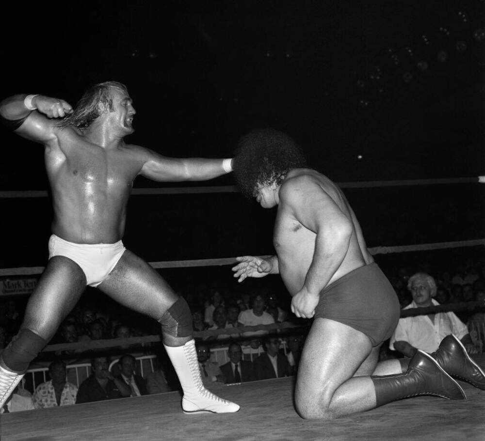 Hulk Hogan about to deliver a punch to Andre the Giant during a wrestling match in Montreal, Canada, on August 25, 1980. (The Stanley Weston Archive/Getty Images)
