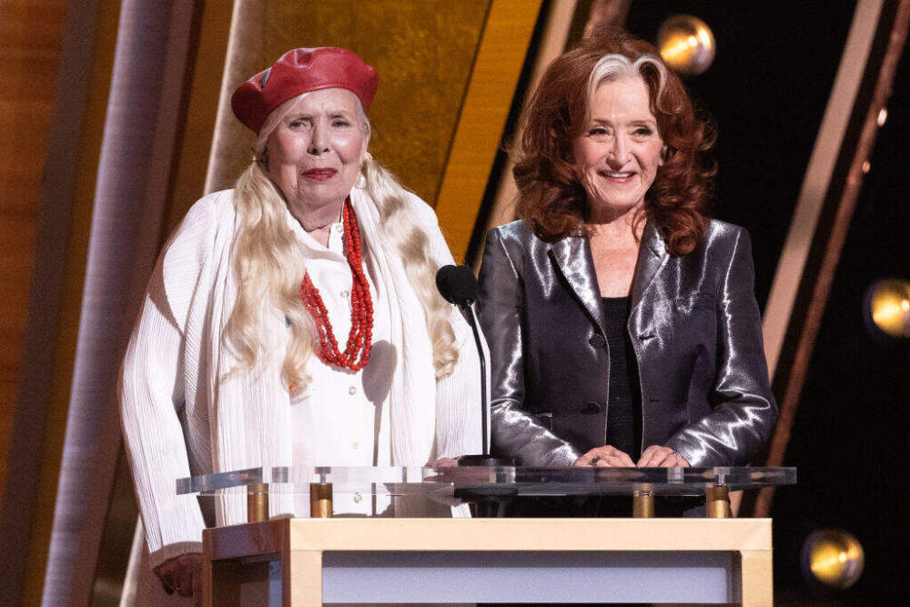 Joni Mitchell and Bonnie Raitt attend the 64th annual GRAMMY awards on April 03, 2022 in Las Vegas, Nevada. (Photo by Emma McIntyre/Getty Images for The Recording Academy)
