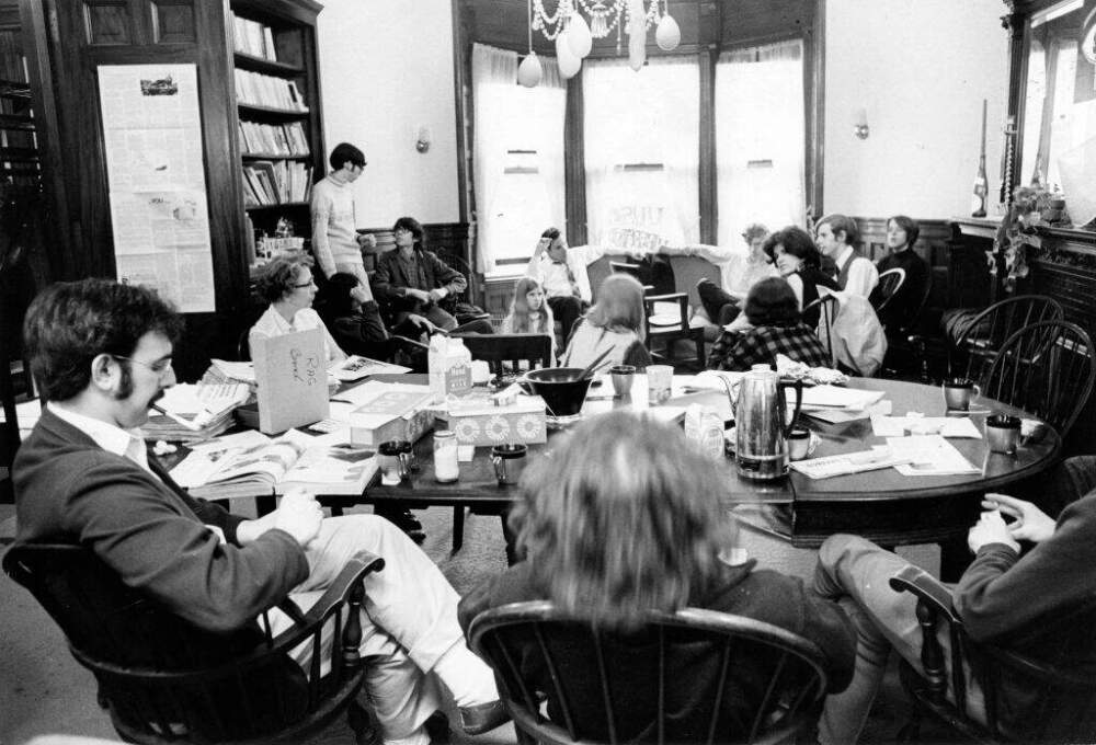Protesting the Vietnam War, students sit in at 78 Beacon St. in Boston, May 25, 1969. Members of the Interdenominational Radical Caucus (IRC) went into the fifth day of their occupation of Unitarian Universalist Service Committee headquarters, vowing to remain until their anti-war demands are met. (Photo by Tom Landers/The Boston Globe via Getty Images)