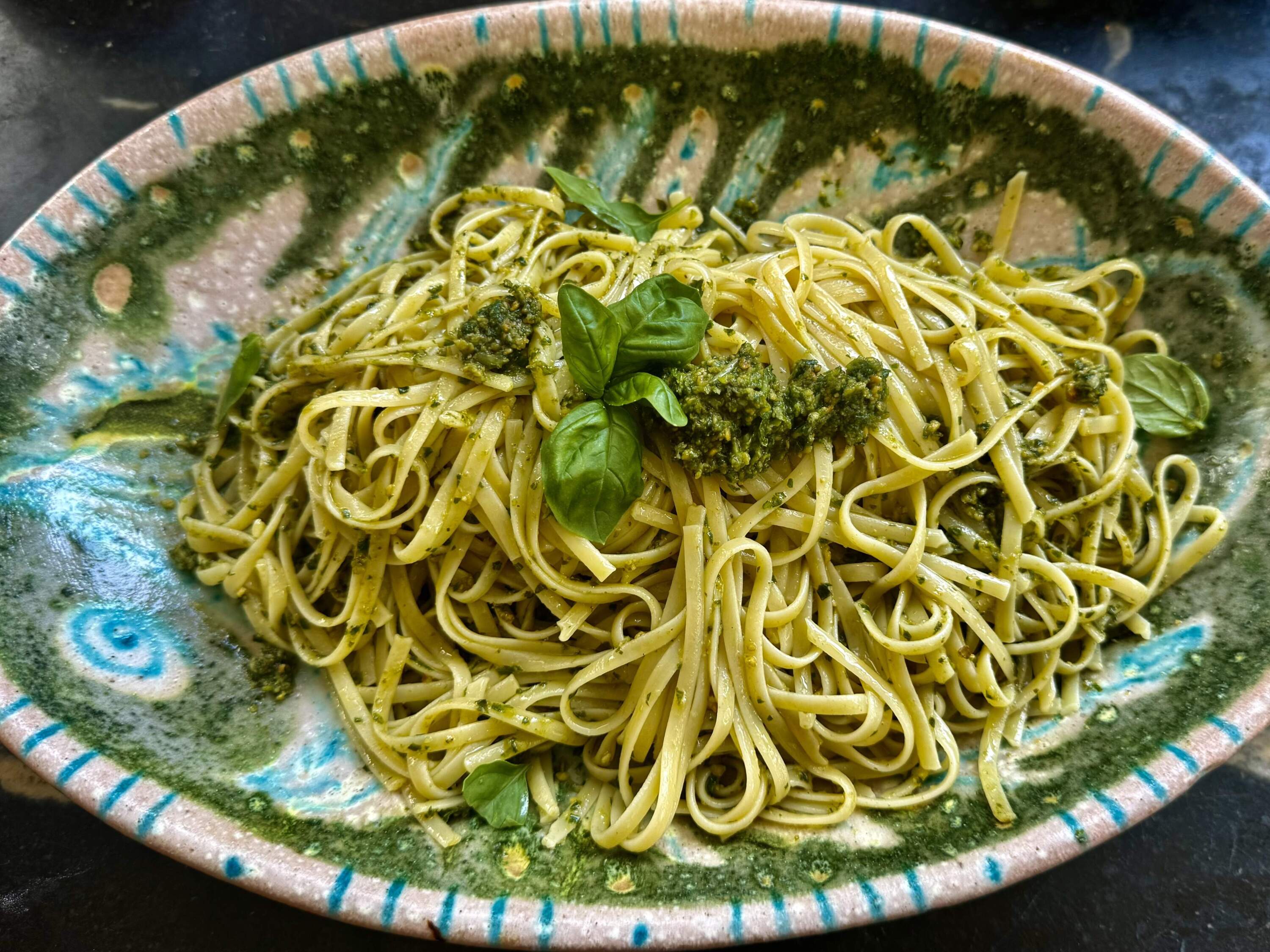 Summer basil and hazelnut pesto with linguine. (Kathy Gunst/Here & Now)