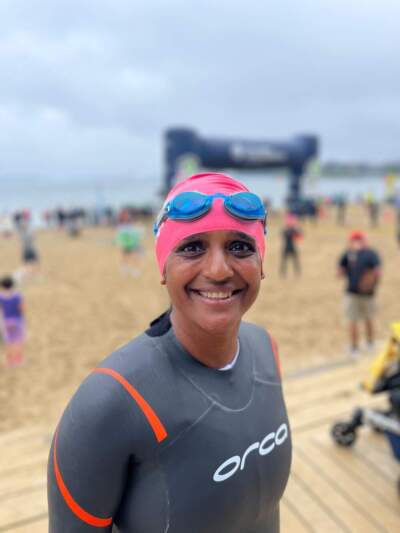 The author at the start of the Boston Triathlon in 2024. (Courtesy Pavithra Natarajan)