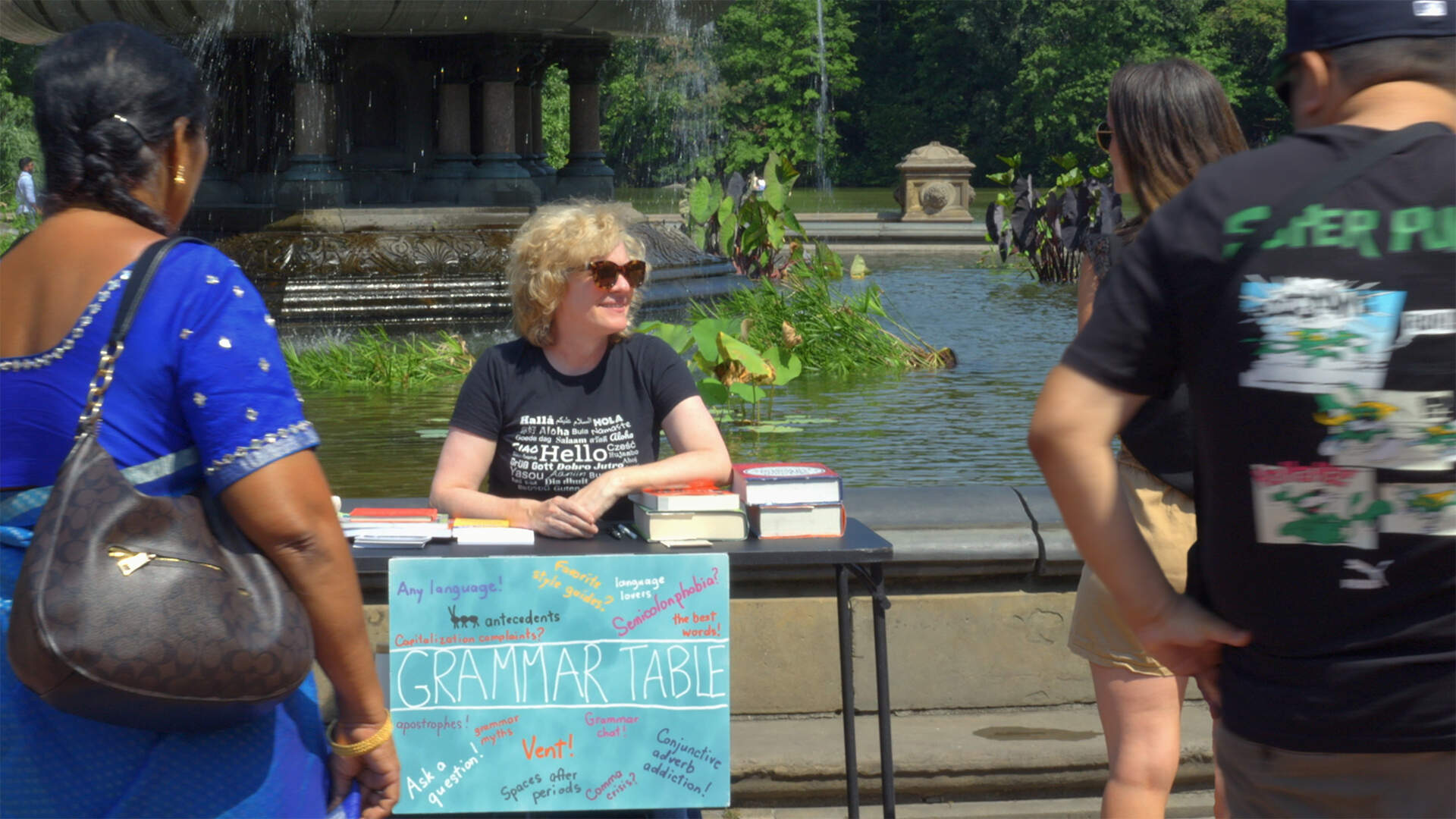 Ellen Jovin operates her grammar table. (Courtesy of Brandt Johnson)