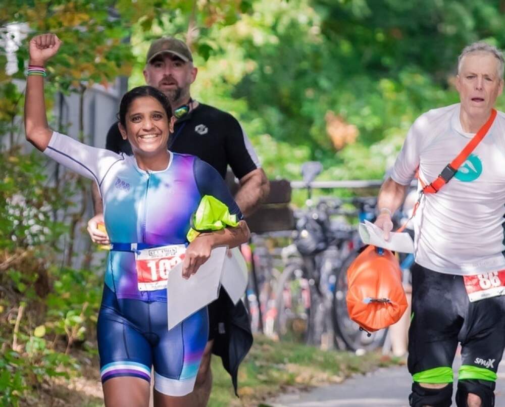 The author at the Gut Check Triathlon on Cape Cod. (Courtesy Pavitha Natarajan)