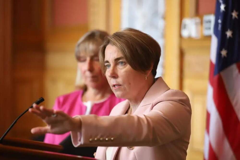 Gov. Maura Healey speaks to reporters at a leadership availability on July 28, 2025. (Ella Adams/SHNS)