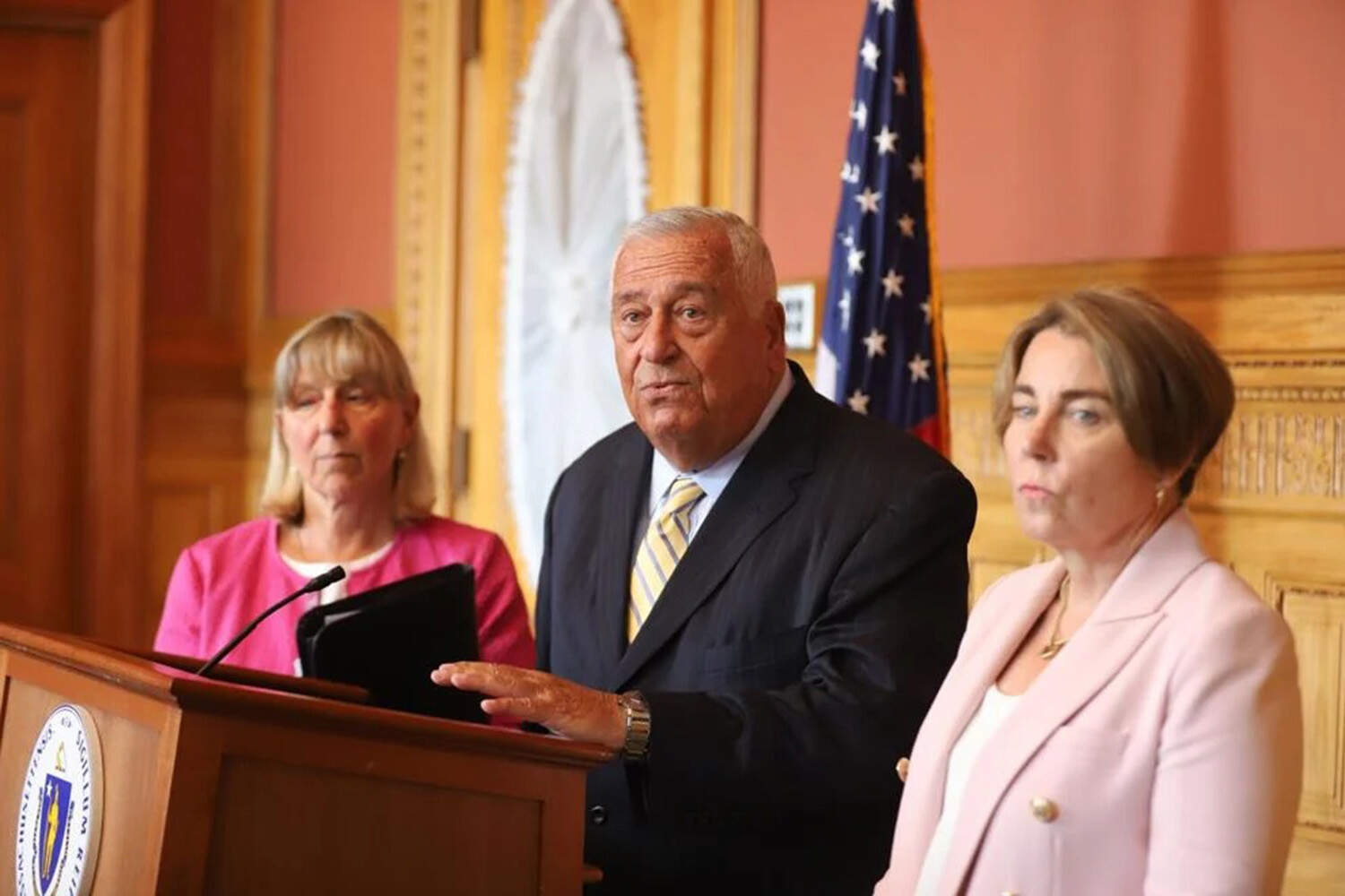 Senate President Karen Spilka, House Speaker Ron Mariano and Gov. Maura Healey speak to reporters at a leadership availability on July 28, 2025 (Ella Adams / SHNS)