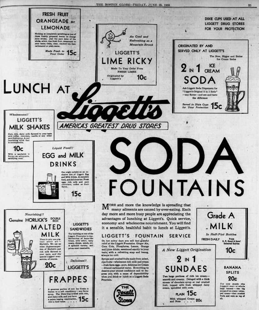 A Liggett's Drugstore ad featured in the Boston Daily Globe in 1930.