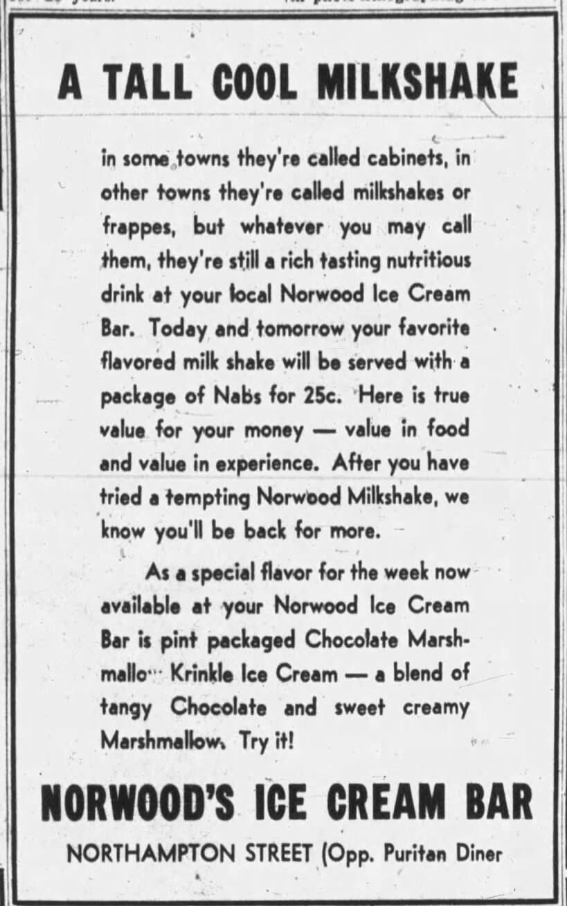 An ad featuring different names for frappes in the Holyoke Transcript-Telegram in 1952.
