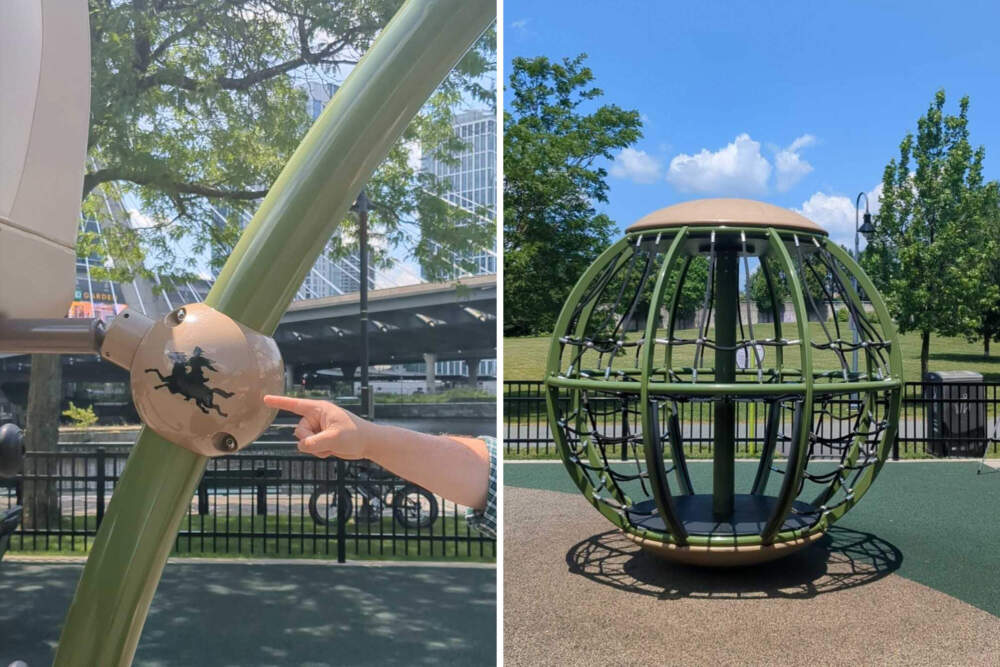 Customization details and a spinner at Paul Revere Park in Charlestown. (Hanna Ali/WBUR)