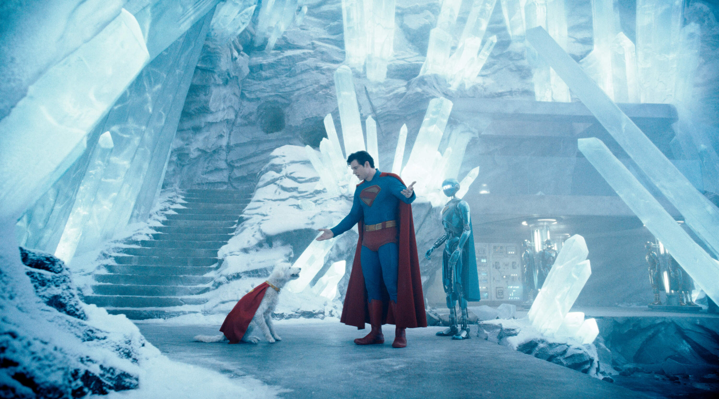 David Corenswet with Krypto the dog in director James Gunn's "Superman." (Courtesy Warner Bros. Pictures)