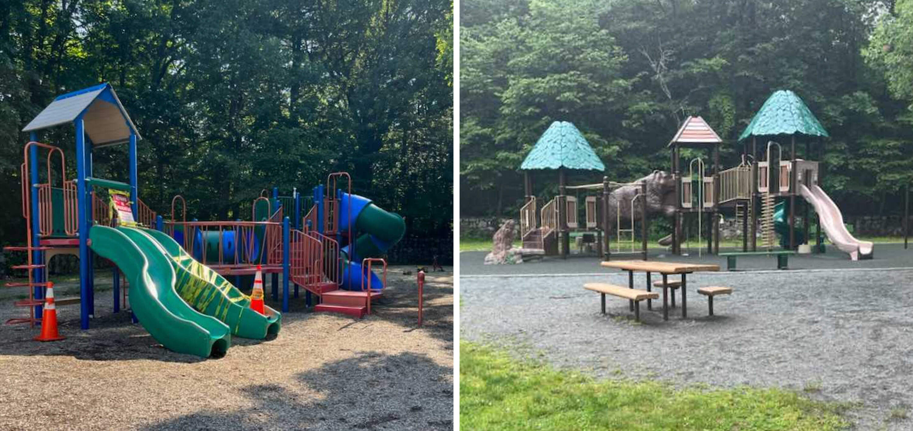 Zina Greenwood playground in Stoneham, before (left) and after (right) the DCR's two-phase renovation. (Sandy Libby/DCR)