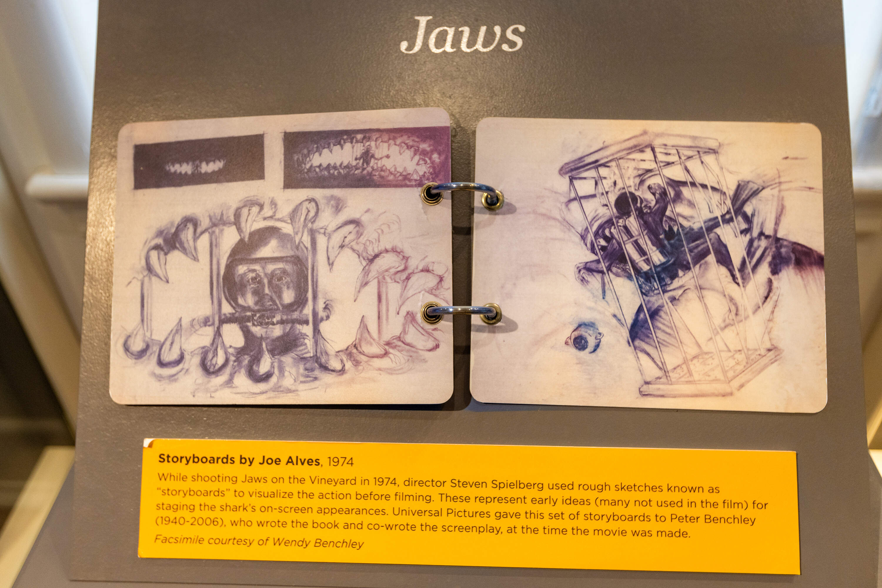 Storyboards by Joe Alves used during the filming of Jaws in 1974 on display at the Martha’s Vineyard Museum. (Jesse Costa/WBUR)