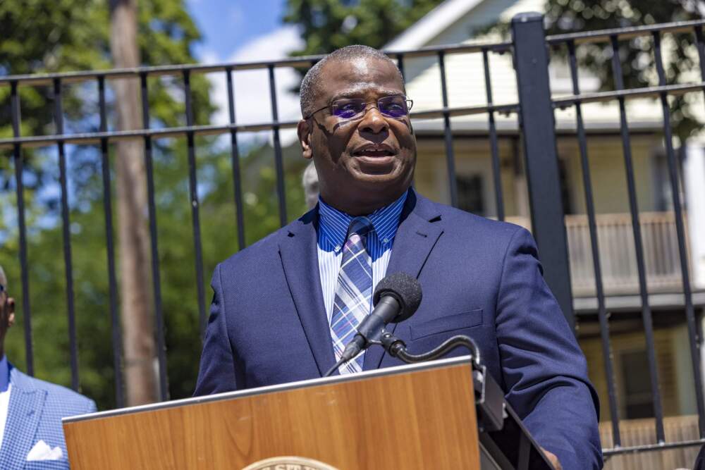 Boston Police Commissioner Michael Cox speaks in Roxbury in 2022. (Jesse Costa/WBUR)