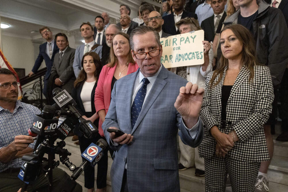Flanked by lawyers on the staircase of the Mass. State House, bar advocate Sean Delaney speaks to reporters. (Robin Lubbock/WBUR)