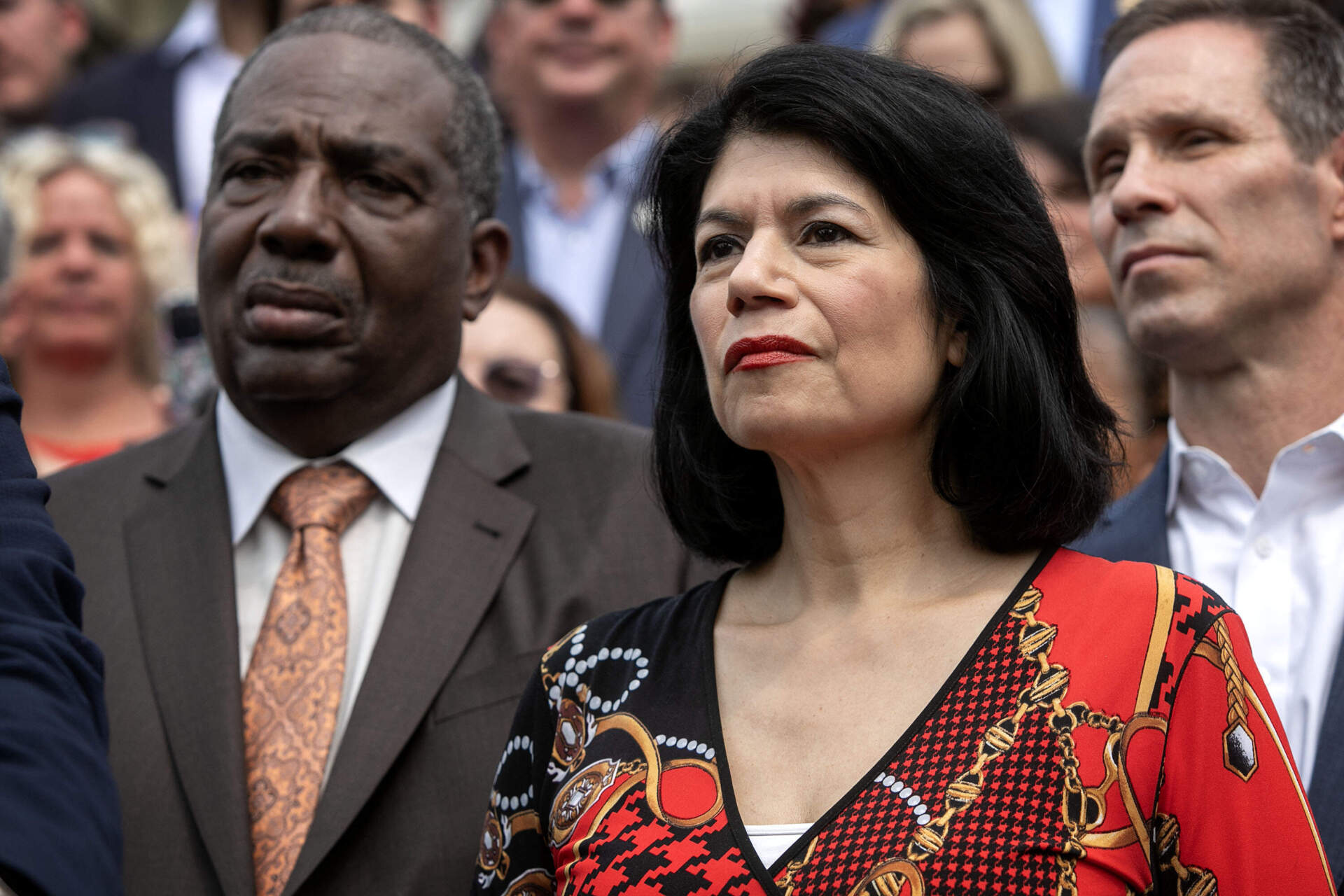Texas Senator Carol Alvarado at a press conference in front of the Massachusetts State House. (Robin Lubbock/WBUR)