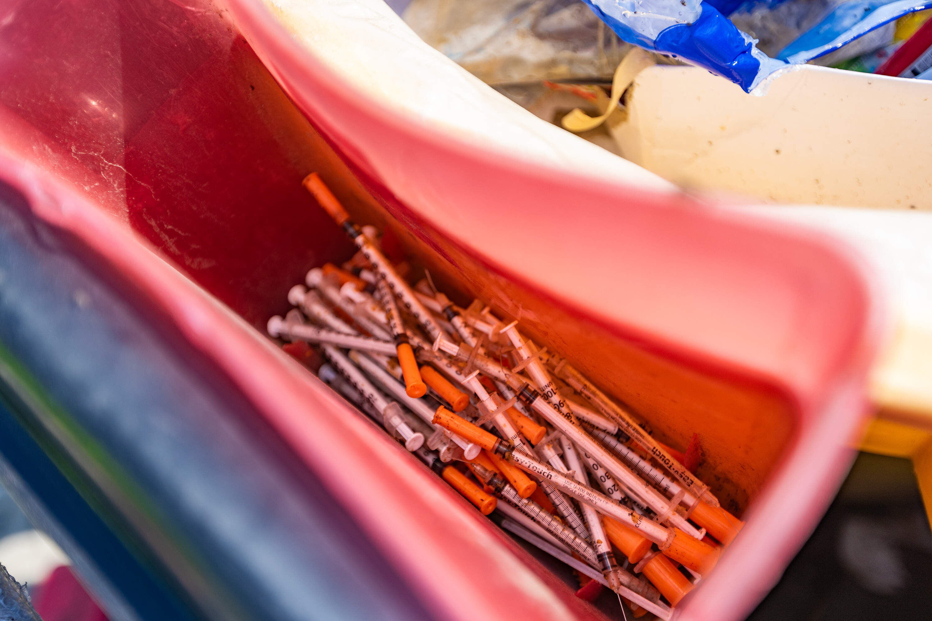 Needles picked up by the Newmarket Business Improvement District Back2Work team. (Jesse Costa/WBUR)