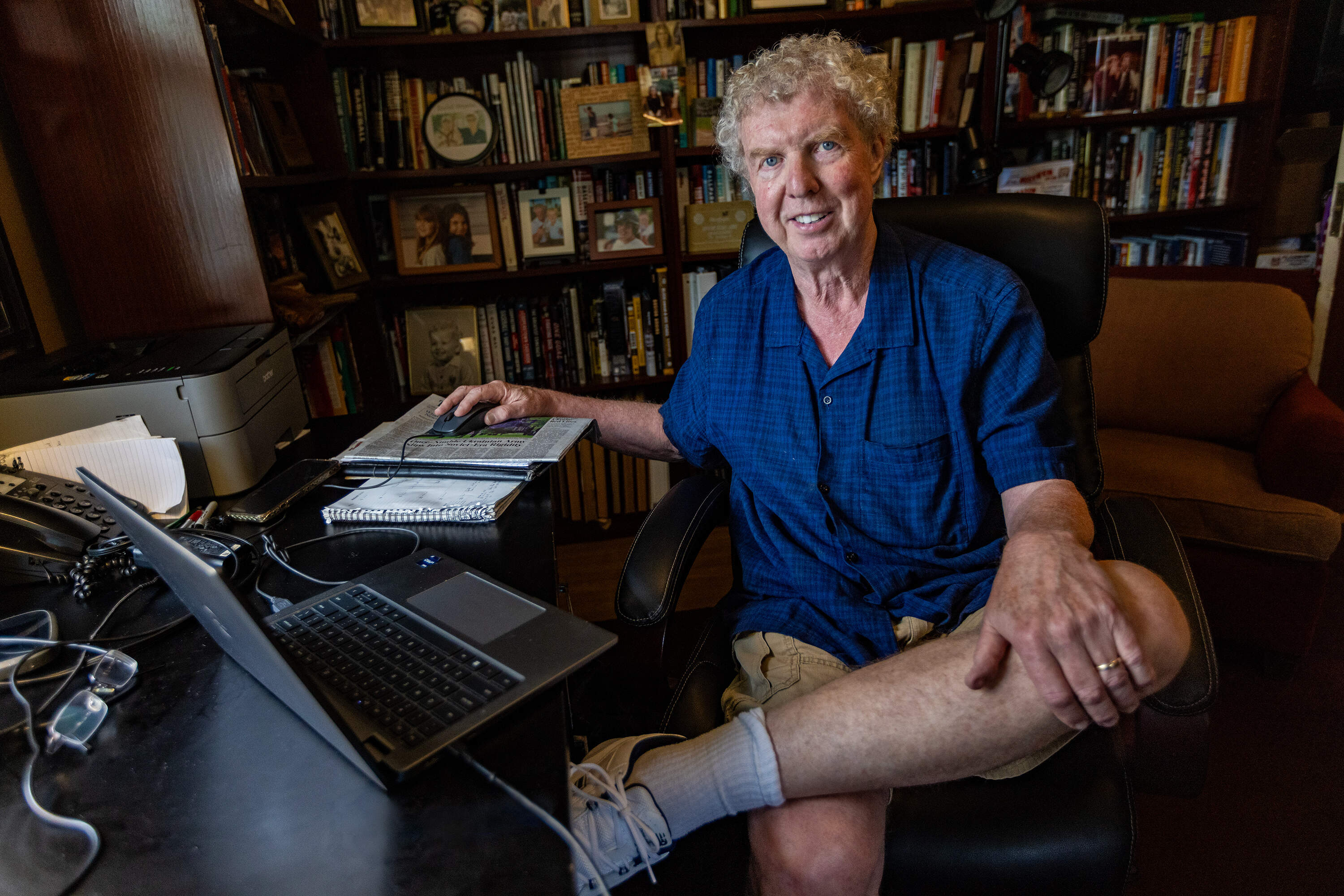 Boston Globe sports columnist Dan Shaughnessy in his home office in Newton. (Jesse Costa/WBUR)