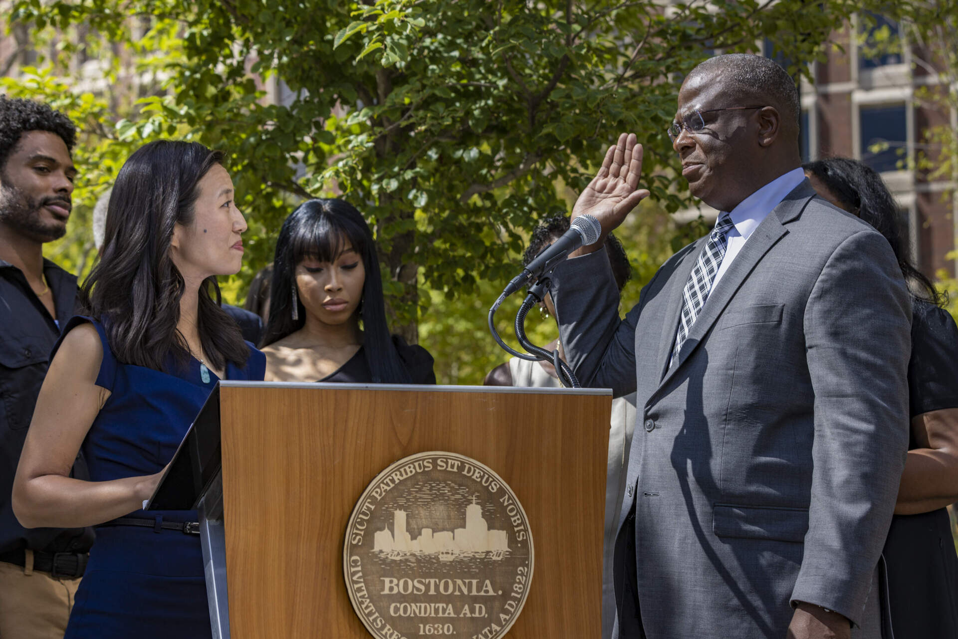 Mayor Michelle Wu swears in Michael Cox as the 44th Commissioner of the Boston Police at a ceremony on City Hall Plaza in August 2022. (Jesse Costa/WBUR)