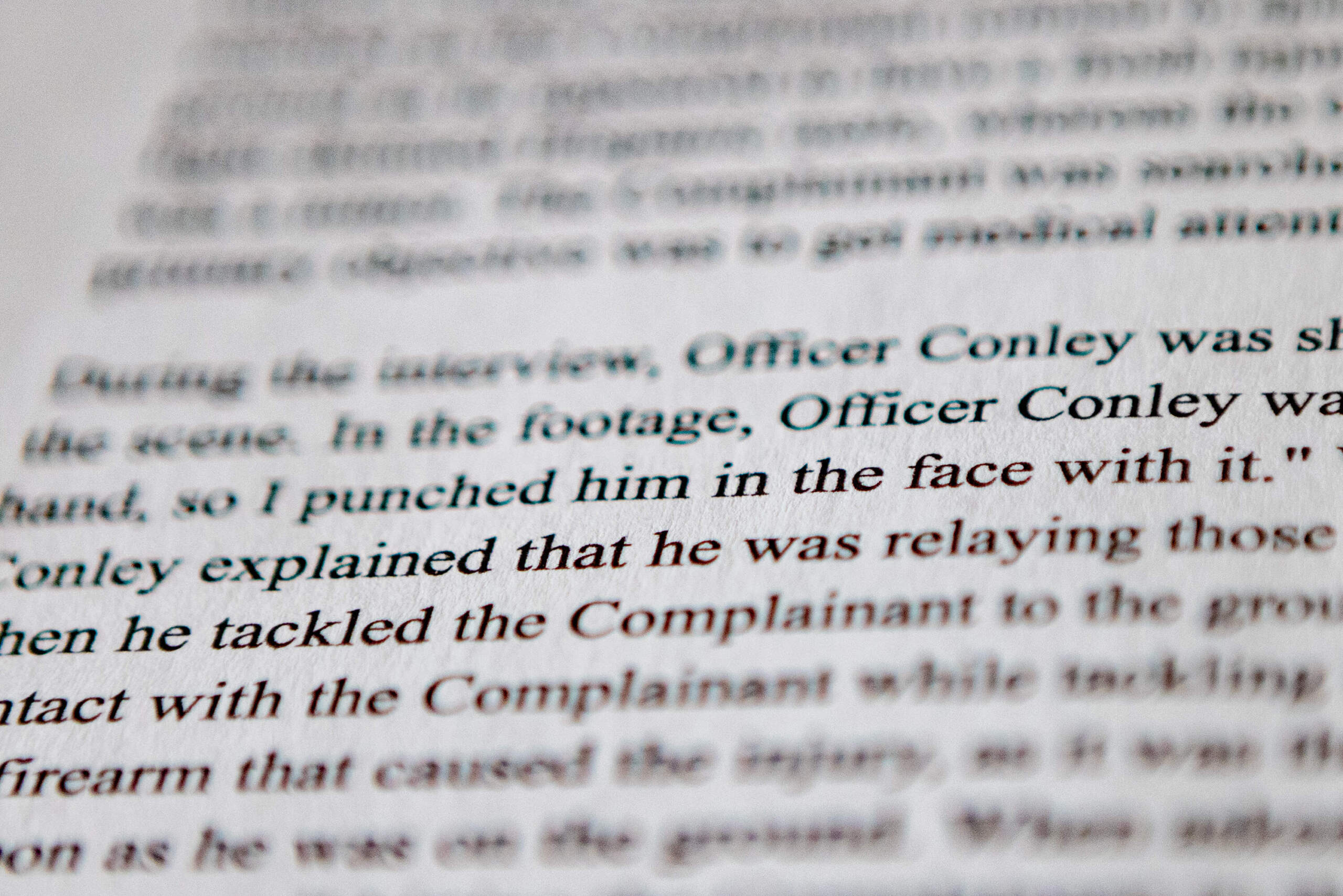 A page of the Office of Police Accountability and Transparency report on the incident Matthew Conley, an officer in 2022, was involved in. (Jesse Costa/WBUR)