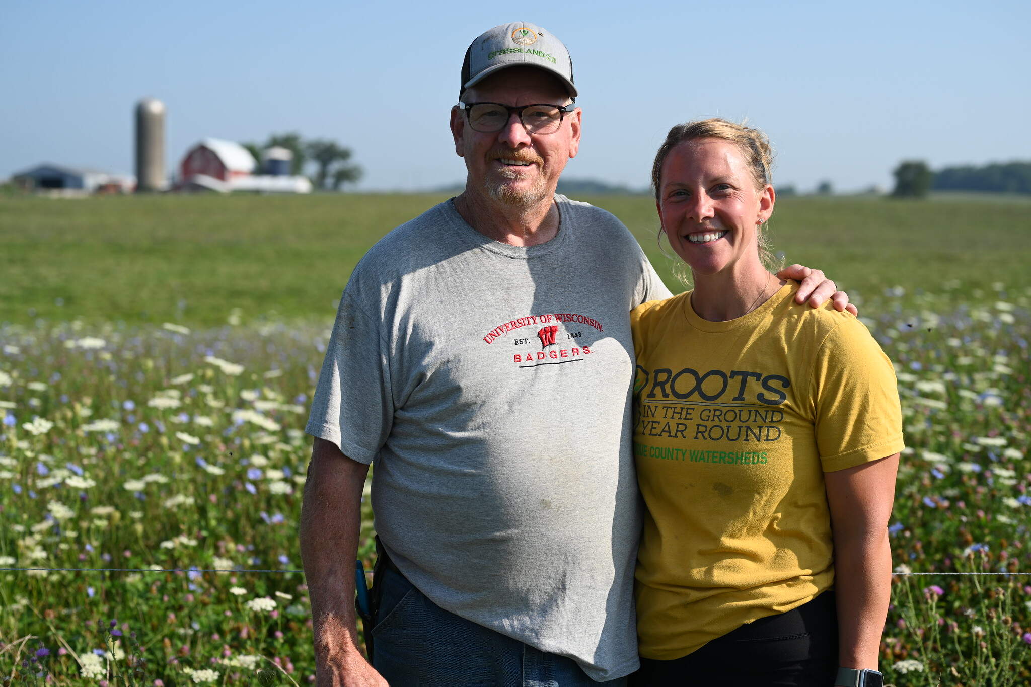 Bert and Meagan Paris, the father-daughter team behind the pasture-based dairy Paris Family Farm in southern Wisconsin. (Chris Bentley/Here & Now)
