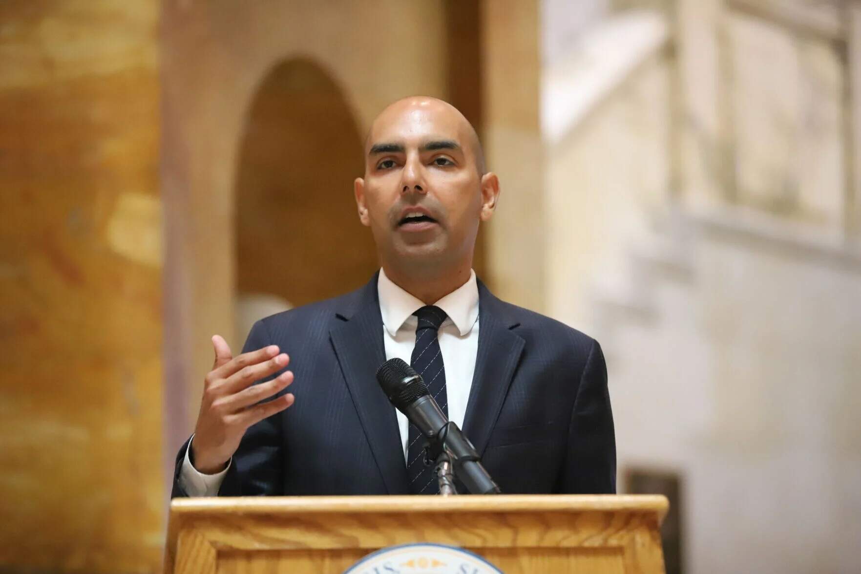 Executive Office of Veterans Services Secretary Jon Santiago speaks at the 2025 Memorial Day Ceremony on Tuesday, May 20. (Ella Adams/SHNS)