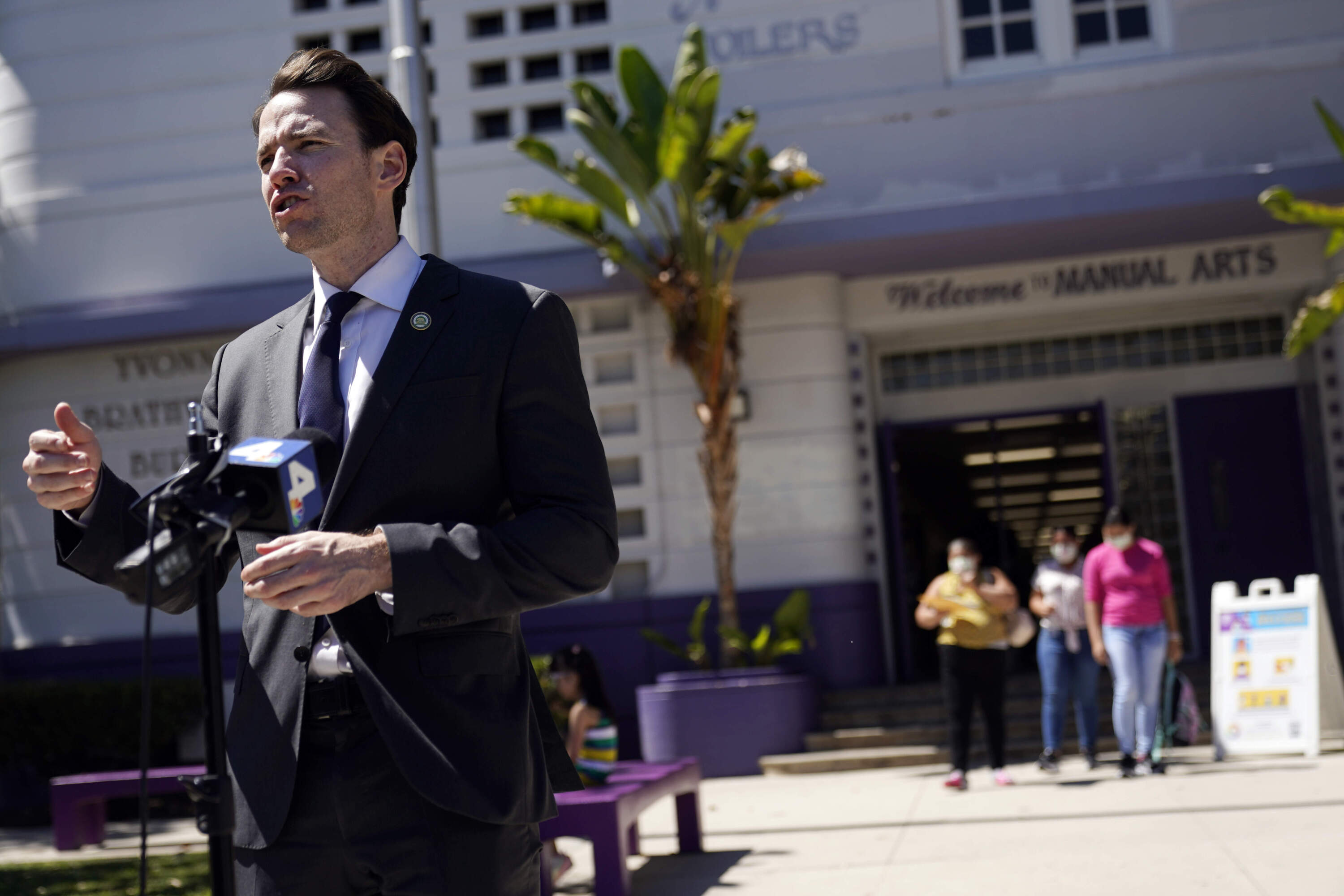 Rep. Kevin Kiley, of Rocklin, speaks during a campaign stop outside of Manual Arts High School, Sept. 13, 2021, in Los Angeles. (Marcio Jose Sanchez/AP)