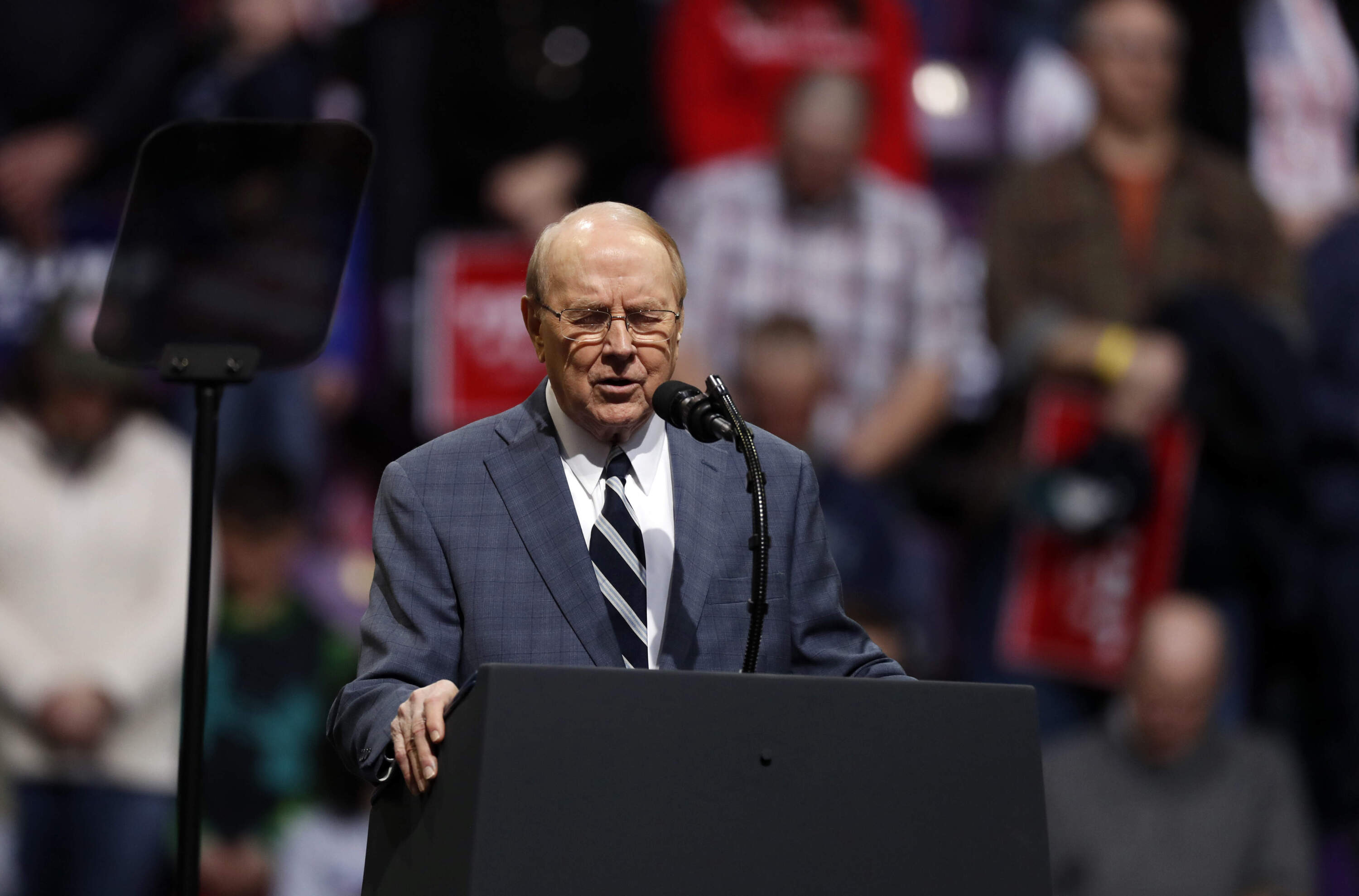 James Dobson, who founded Focus on the Family, offers a prayer before an appearance by President Donald Trump at a campaign rally, Feb. 20, 2020, in Colorado Springs, Colo. (David Zalubowski/AP)