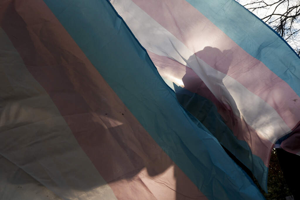 A protester is silhouetted against a trans pride flag during a pro-transgender rights protest outside of Seattle Children's Hospital, Feb. 9, 2025, in Seattle. (Lindsey Wasson/AP)