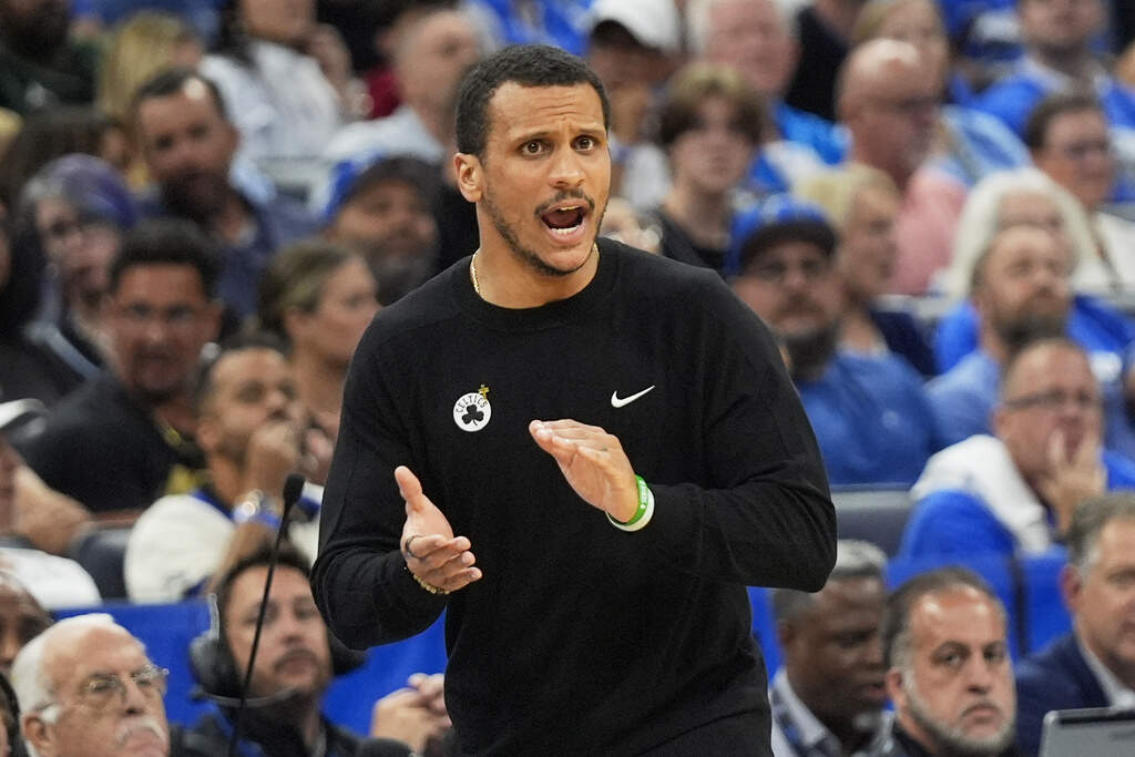 Boston Celtics head coach Joe Mazzulla encourages his players during the first half in Game 4 of a first-round NBA basketball playoff series, Sunday, April 27, 2025. (John Raoux/AP file)