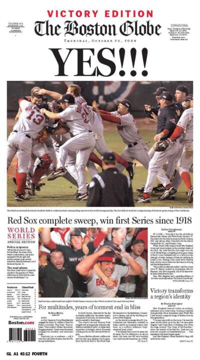 Red Sox "Victory Edition" of The Boston Globe with Dan Shaughnessy's column leading the page, Oct. 28, 2004. (The Boston Globe via Getty Images)