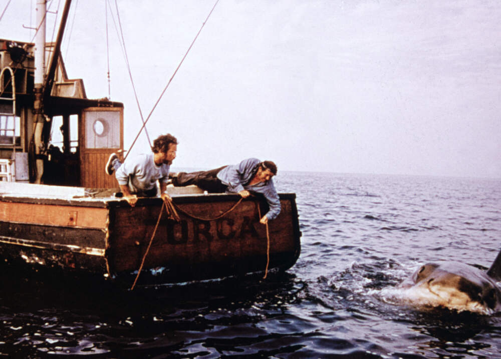 Richard Dreyfuss (left) and Robert Shaw in a still from director Steven Spielberg's 1975 film "Jaws." (Universal Pictures/Fotos International/Getty Images)