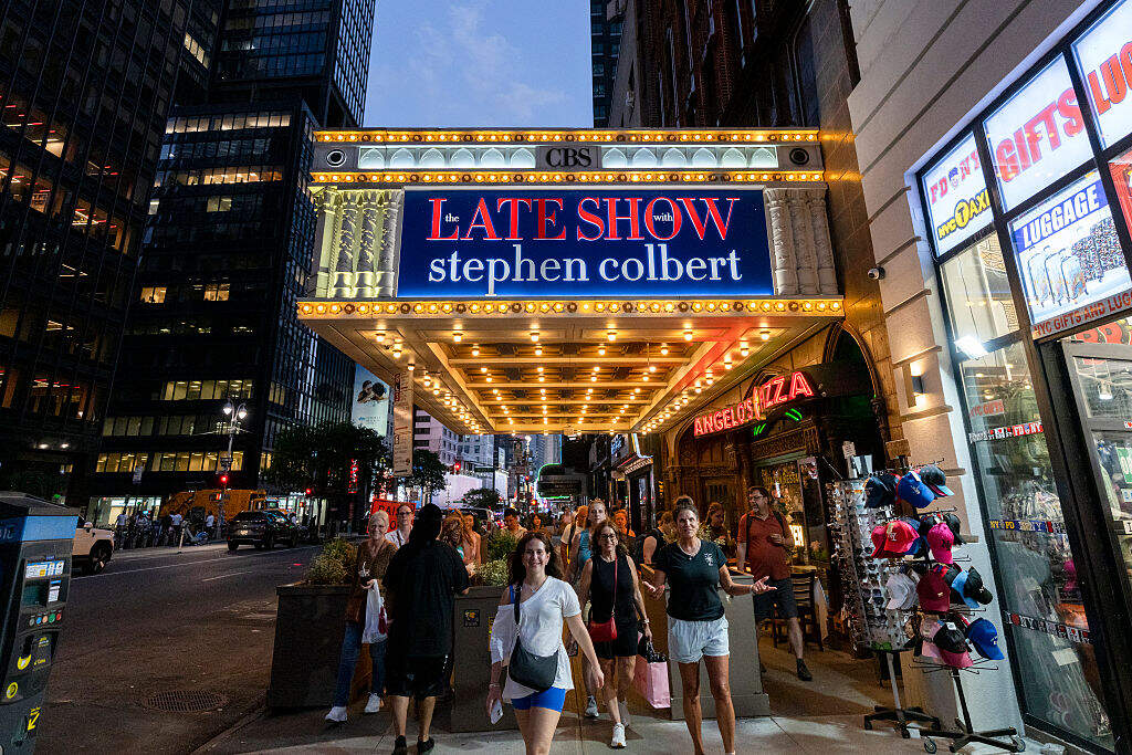 The Ed Sullivan Theater, where "The Late Show with Stephen Colbert" is recorded live, is seen in Midtown on July 18, 2025 in New York City. (Craig T Fruchtman/Getty Images)