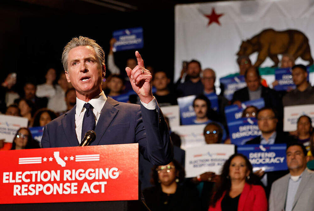 California Governor Gavin Newsom speaks about the “Election Rigging Response Act” at a press conference at the Democracy Center, Japanese American National Museum on August 14, 2025 in Los Angeles, California. (Mario Tama/Getty Images)