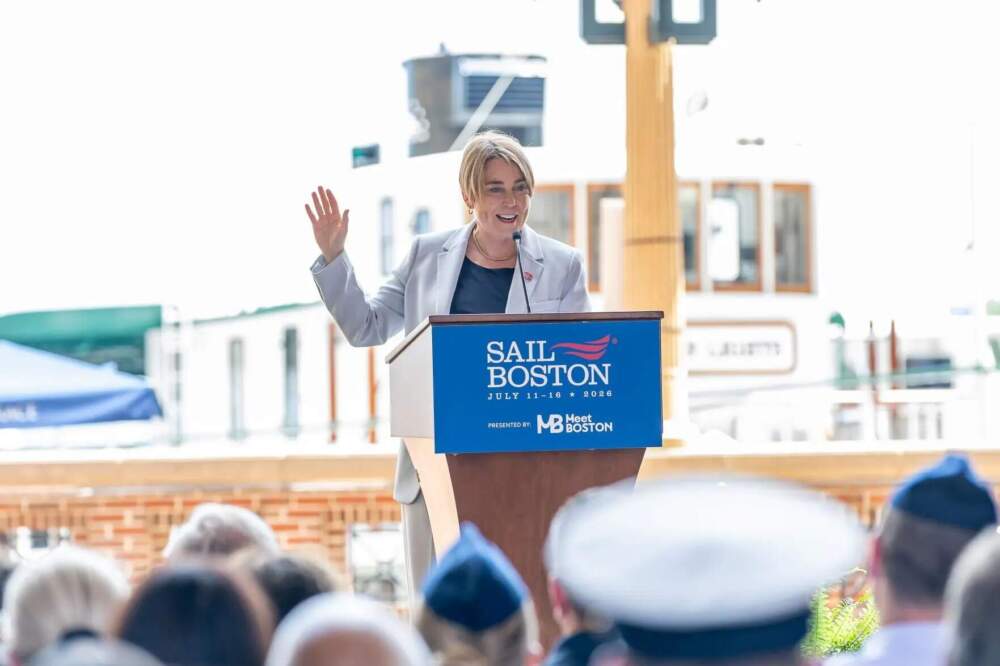 Gov. Maura Healey celebrates one year until the start of Sail Boston at an event on July 16, 2025. (Henry Shifrin/Governor's Office)