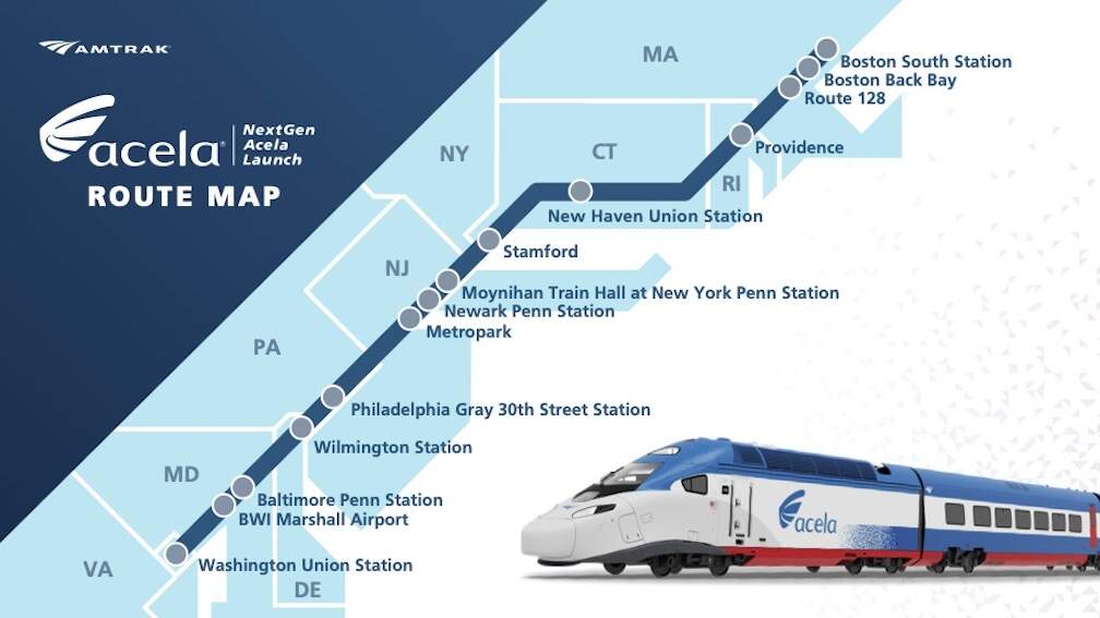 A map of Amtrak's "NextGen Acela" train route. The new "NextGen" trains will serve the busy Northeast corridor — including Boston, New York City and Washington, D.C. (Courtesy Amtrak)