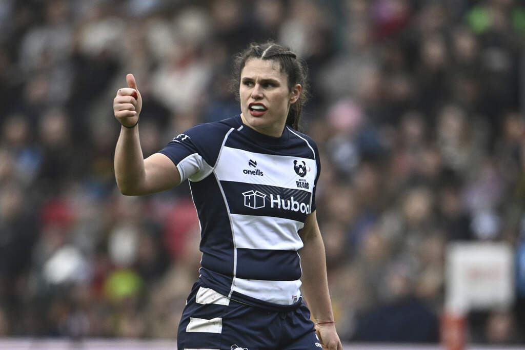 Ilona Maher reacts to the crowd after the end of the women's rugby union match between Bristol Bears and Leicester Tigers in Bristol, England, Jan. 18, 2025. (Anthony Upton/AP file)