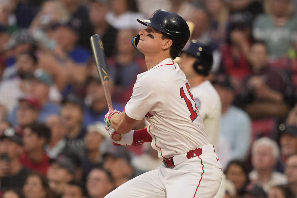 Boston Red Sox outfielder Roman Anthony flies out to right field in the first inning of a baseball game against the Kansas City Royals, Wednesday, Aug. 6, 2025, in Boston. (Robert F. Bukaty/AP)