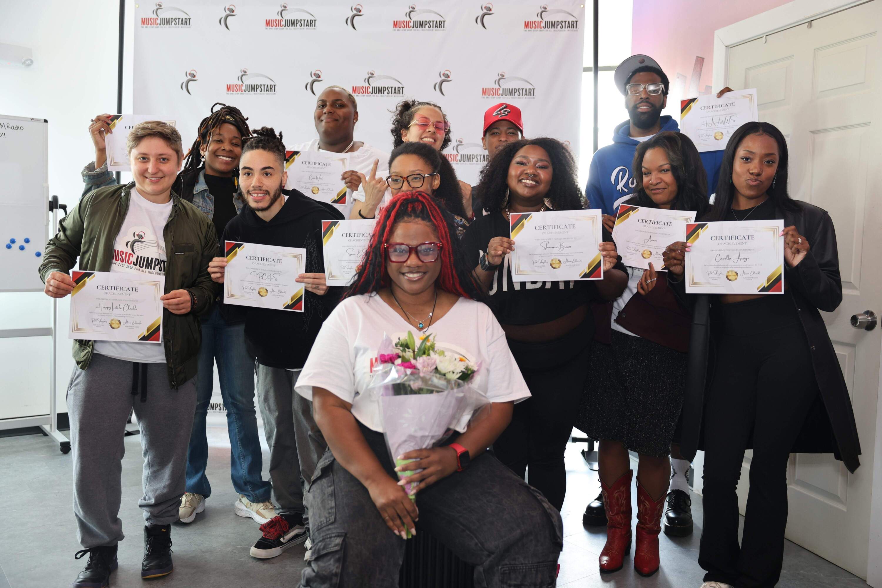 Red Shaydez (front center) with the inaugural MusicJumpstart cohort. (Courtesy Sando Films and Abraham Lopez)