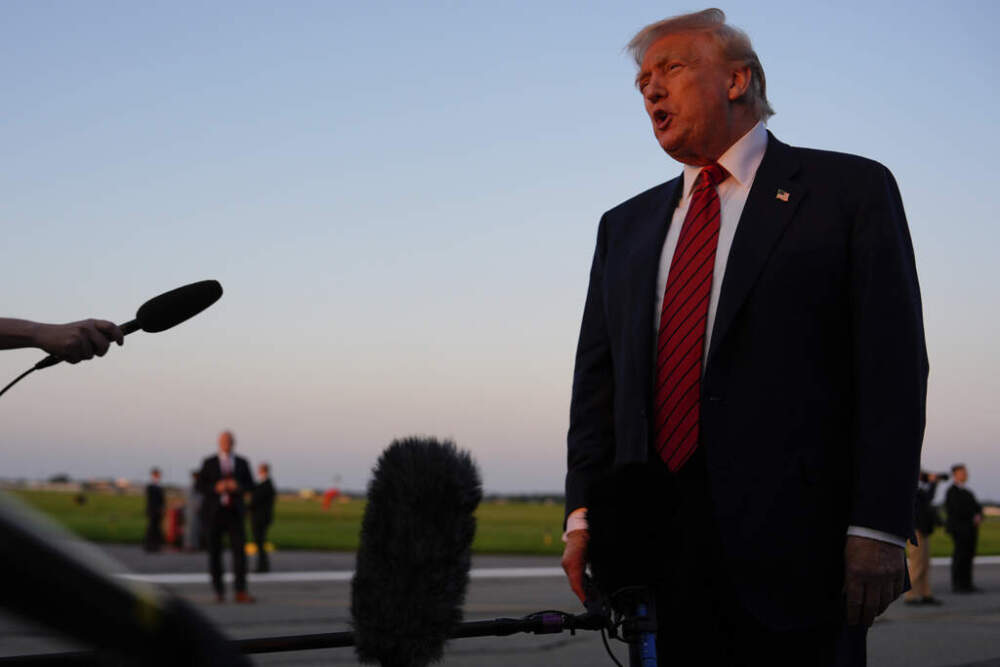President Donald Trump speaks with reporters before boarding Air Force One at Lehigh Valley International Airport, Sunday, Aug. 3, 2025, in Allentown, Pa. (Julia Demaree Nikhinson/AP)