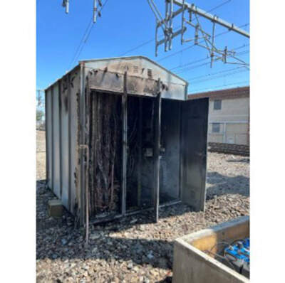 The damaged MBTA signal bungalow following a fire. (Courtesy of Keolis)