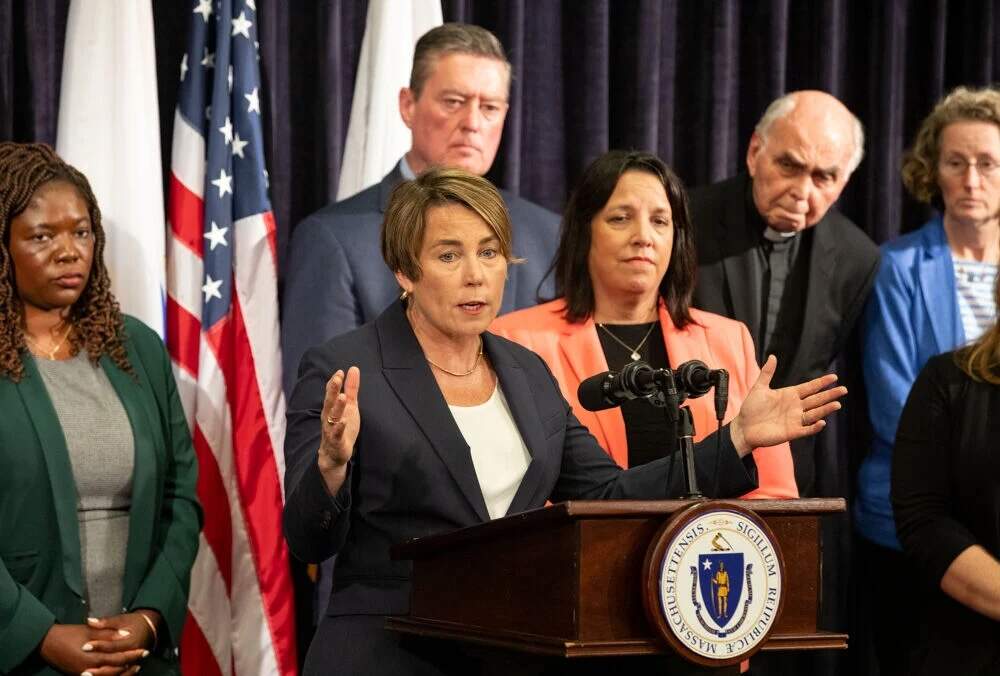 Gov. Maura Healey discusses her emergency declaration around the state's shelter system on Tuesday, Aug. 8, 2023. (Sam Doran/ State House News Service)