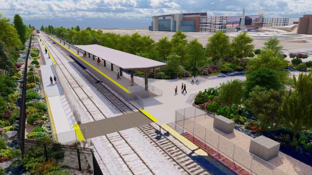 A rendering of proposed upgrades to the Foxborough commuter rail station that will be built as the region prepares to host men's World Cup matches at Gillette Stadium in 2026. (Courtesy of the MBTA)