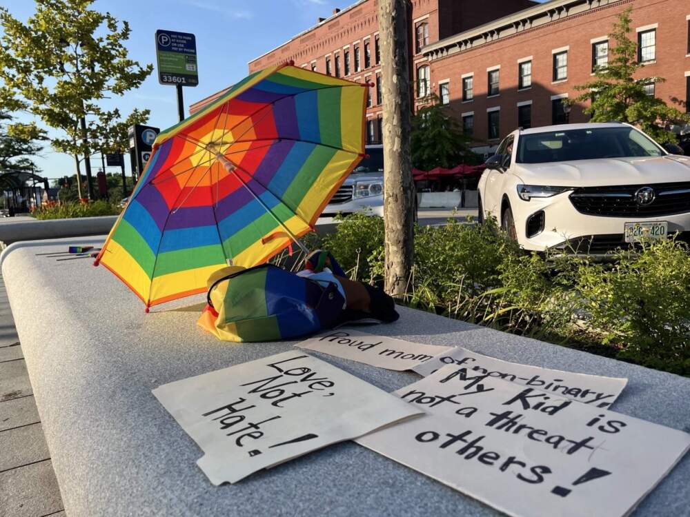 This photo was taken in July 2024, at a rally outside of the New Hampshire State House, held after then-Gov. Chris Sununu signed new restrictions on gender-affirming surgeries and transgender girls' participation in school sports. (Paul Cuno-Booth/NHPR File)